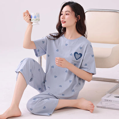 Newest Summer Casual Pajamas Set Women 100% Cotton Sleepwear Female Short Top+Calf-Length Pant Pyjamas DM99171