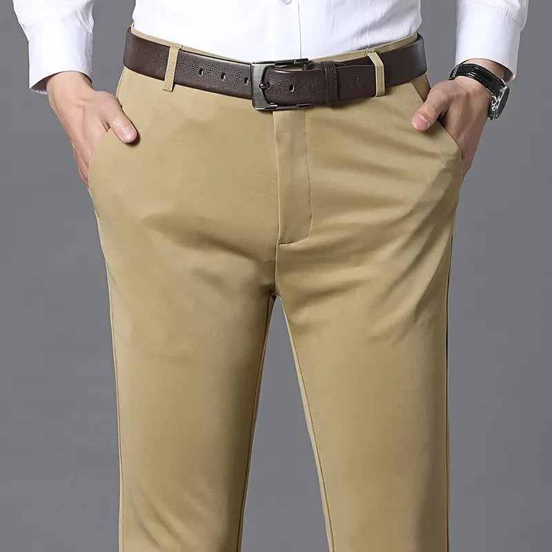 Men's ice silk suit pants Elastic mid-waist baggy trousers Straight business trousers