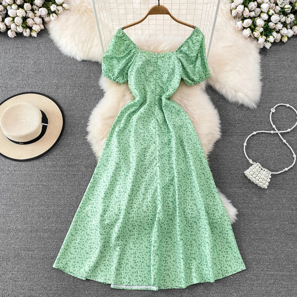 Summer Vintage Dress Blue Floral Summer Bubble Sleeve Tie Up Sexy Dresses Women A-line Print Split Long Dress Elegant Vestidos