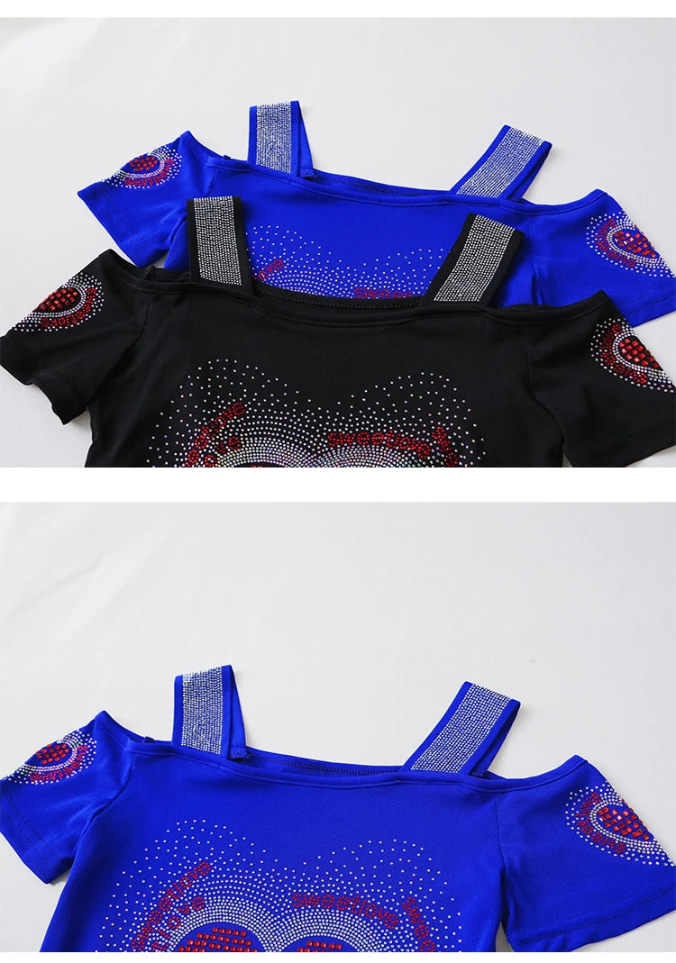 Aoxison Summer Short Sleeved Women's T-Shirt Elegant Slim Shiny Love Heart Diamonds Mesh Tops Chic Girl Sexy Off Shoulder Tees