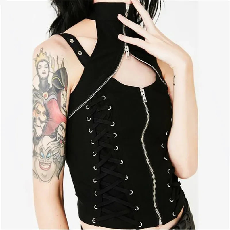 Y2k Dark Punk Gothic Corset Vest Women 2024 High Waist Bandage Crop Tank Tops Streetwear Emo Alt Harajuku Halter Rave Outfits