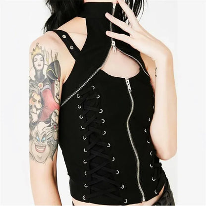 Y2k Dark Punk Gothic Corset Vest Women 2024 High Waist Bandage Crop Tank Tops Streetwear Emo Alt Harajuku Halter Rave Outfits