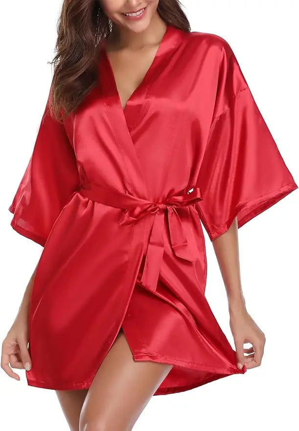 Womens Kimono Robes Dressing Gown Satin Bathrobe Nightdress Short Style Bridal Robe As the photo show