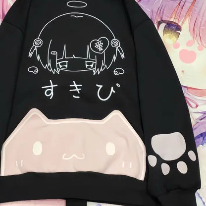 Japanese Cartoon Print Fleece Hoodies Women Harajuku Gothic Cat Ears Hooded Vintage Hoody Streetwear Y2k Aesthetic Sweatshirt