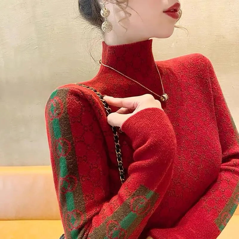 Women's Clothing Elegant Fashion Letter Knit Pullover Autumn All-match Slim Long Sleeve Half High Collar Pullovers Lady Chic Top Red