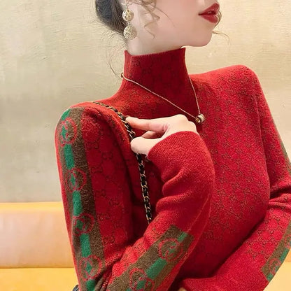 Women's Clothing Elegant Fashion Letter Knit Pullover Autumn All-match Slim Long Sleeve Half High Collar Pullovers Lady Chic Top Red