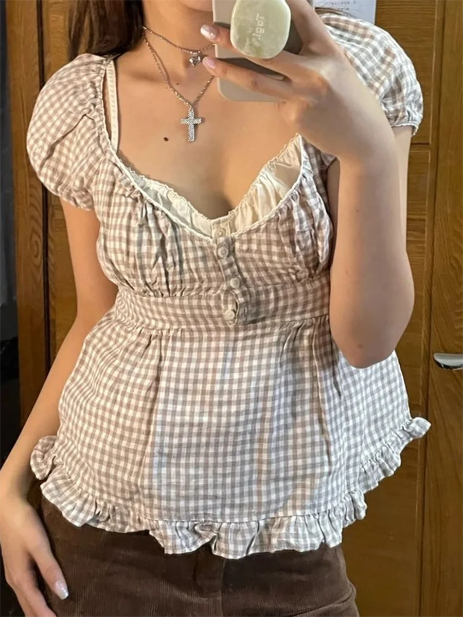 Womens Y2k Fairy Grunge Shirts Square Neck Short Sleeve Lace Patchwork Crop Top Vintage Aesthetic Clothes Light Brown