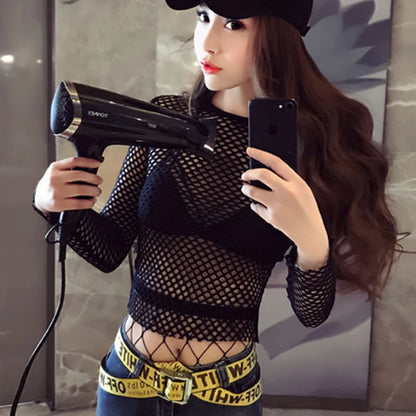 Sexy T-shirt for Women Goth Black Skinny Mesh See Through Long Sleeve Tees Pullover Crop Top Gothic Turtleneck Streetwear