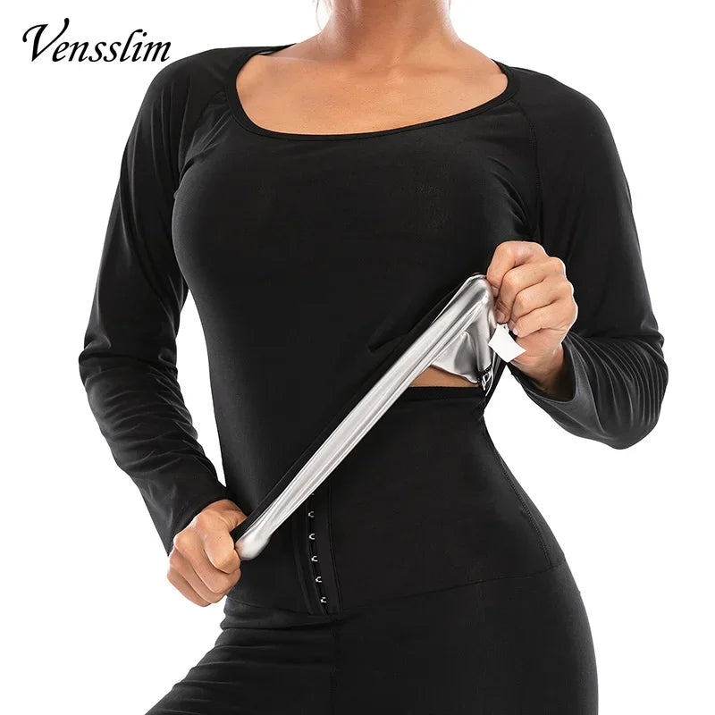 Vensslim Body Shaper Sauna Suits Sweat Slimming Waist Trainer Corset Long Sleeve Fat Burn Shirt Women Workout Tummy Control Tops