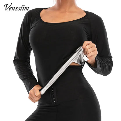 Vensslim Body Shaper Sauna Suits Sweat Slimming Waist Trainer Corset Long Sleeve Fat Burn Shirt Women Workout Tummy Control Tops