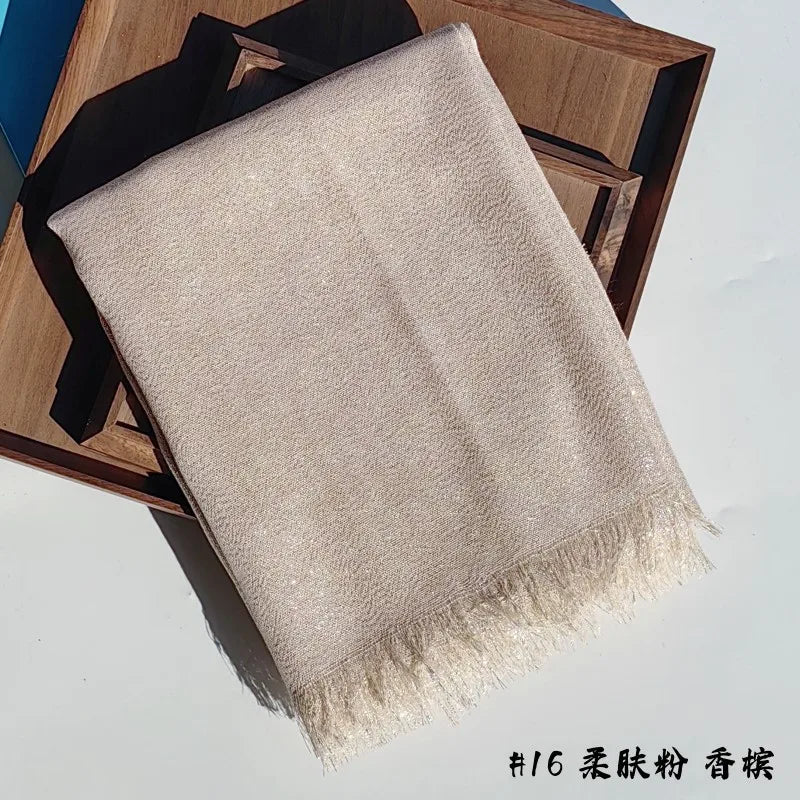 Lastest Brand Design Scarf Shiny Solid Color Shawls Rayon Fabric Gold Silk Silver Wire Head Shawl Fringe Hijab For Women 16