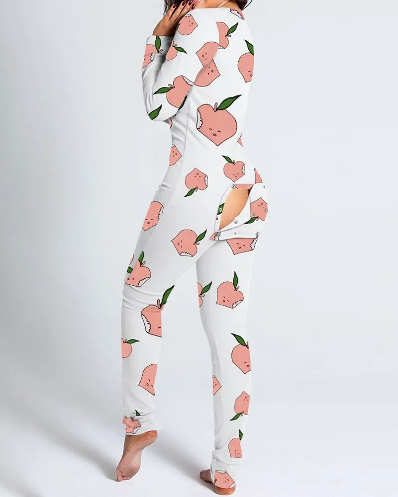 Sexy Pyjama Women's Jumpsuit Suit Button-down Front Back Butt Bum open Ass Flap Jumpsuit Loungewear Christmas Print Buttoned Juicy peach