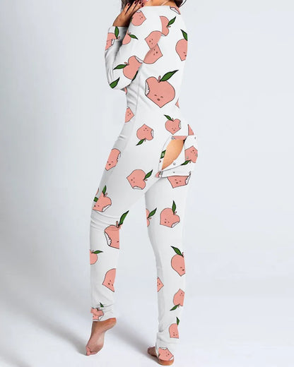 Sexy Pyjama Women's Jumpsuit Suit Button-down Front Back Butt Bum open Ass Flap Jumpsuit Loungewear Christmas Print Buttoned Juicy peach