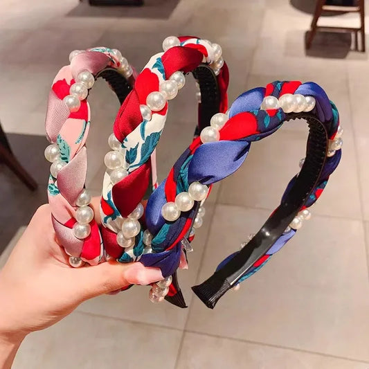 Women's Pearl Face Washband Anti-Slip Woven Headband High-End Feel Outing Hair Tie Pearl Hair Band Hair Accessories