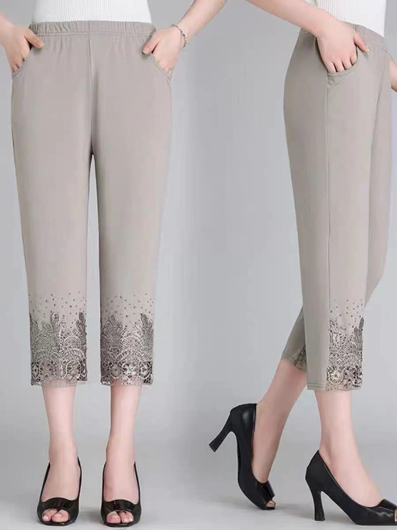 Hollow Out Diamond Studded Women's Summer Cropped Pants Fashionable Cool 2025 Casual Outdoor Pants New Street Pants Khaki