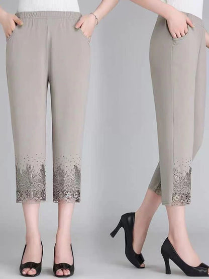 Hollow Out Diamond Studded Women's Summer Cropped Pants Fashionable Cool 2025 Casual Outdoor Pants New Street Pants Khaki