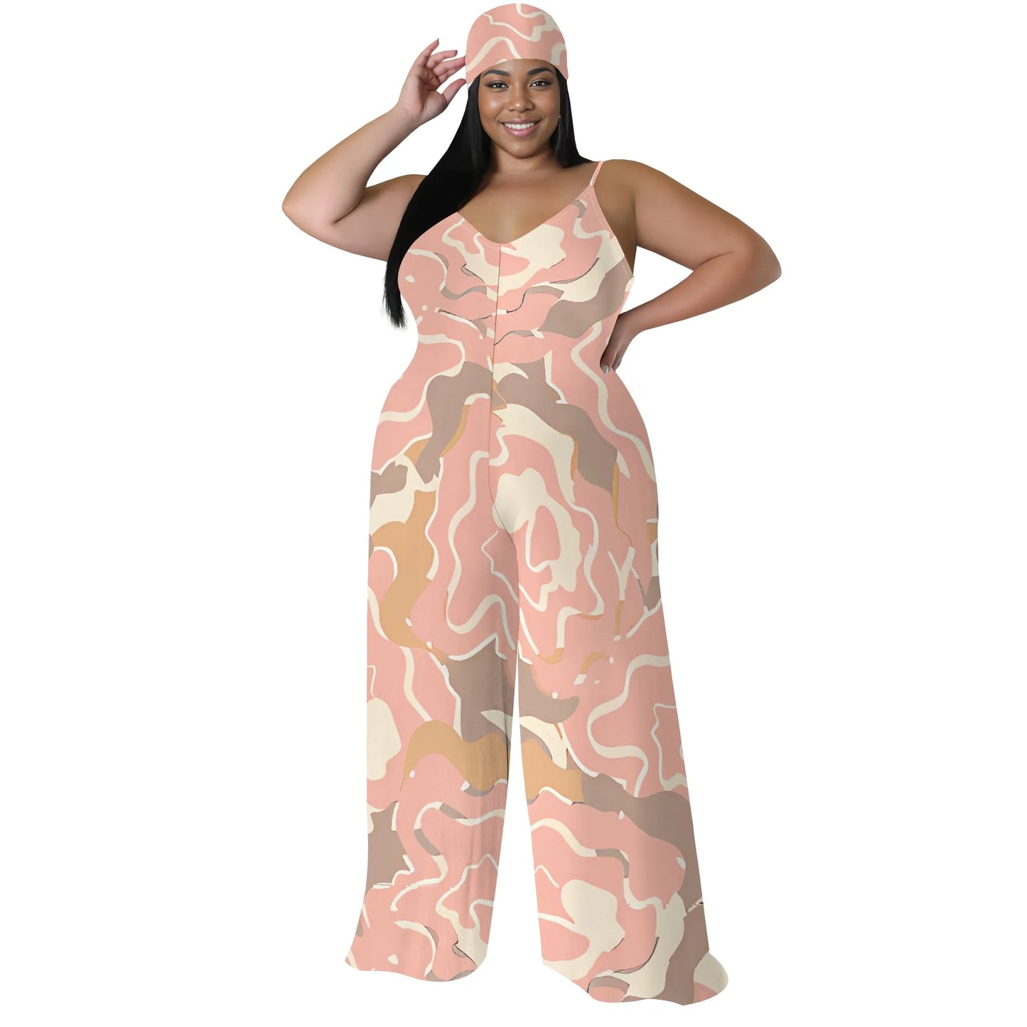 Plus Size Spaghetti Strap Jumpsuit Pink Yellow Abstract Print Wide Leg Summer Romper for Women White-2 CHINA