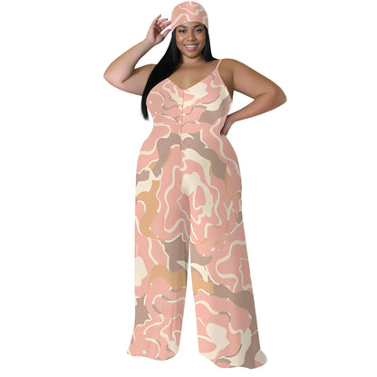 Plus Size Spaghetti Strap Jumpsuit Pink Yellow Abstract Print Wide Leg Summer Romper for Women White-2 CHINA