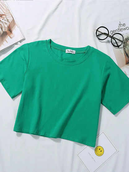 Summer Short Sleeve T Shirts Women Cotton Solid T-shirt O Neck High Waist Crop Top Tee Female Casual Loose T Shirt Badiee Stylez