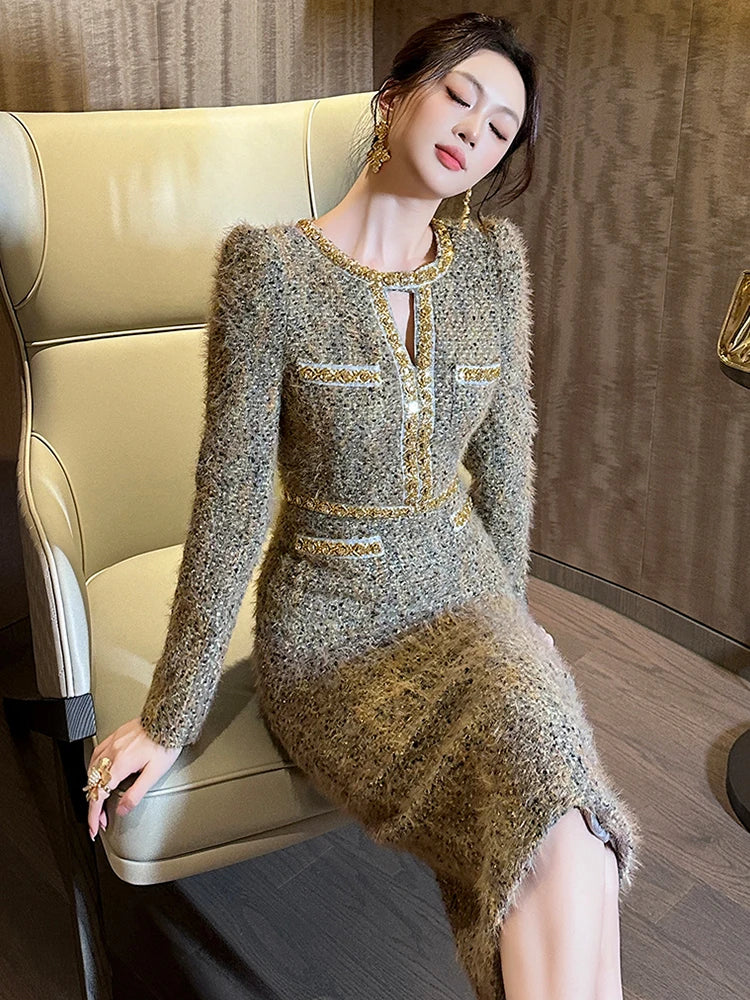 Women Clothes Vintage Tweed Hollow Sexy O-Neck Slim Midi Pencil Dress Elegant Fashion Evening Party Vestidos Formal Occasion New