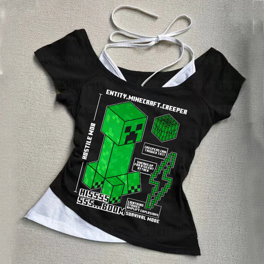 Punk Gothic Sexy Streetwear Slim Baby Tee 2000s Tops Y2k Fake two off shoulder T-shirts Harajuku Aesthetic Short Sleeve Clothing black1