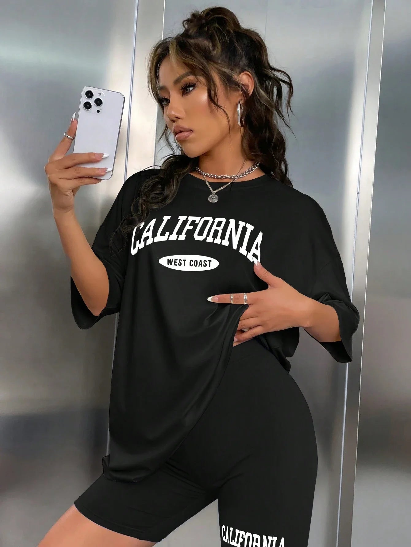 California West Coast City Letter Graphic T-Shirts Set Women New Soft Cotton 2 Piece Set Summer Shorts Elasticity Short Sleeve