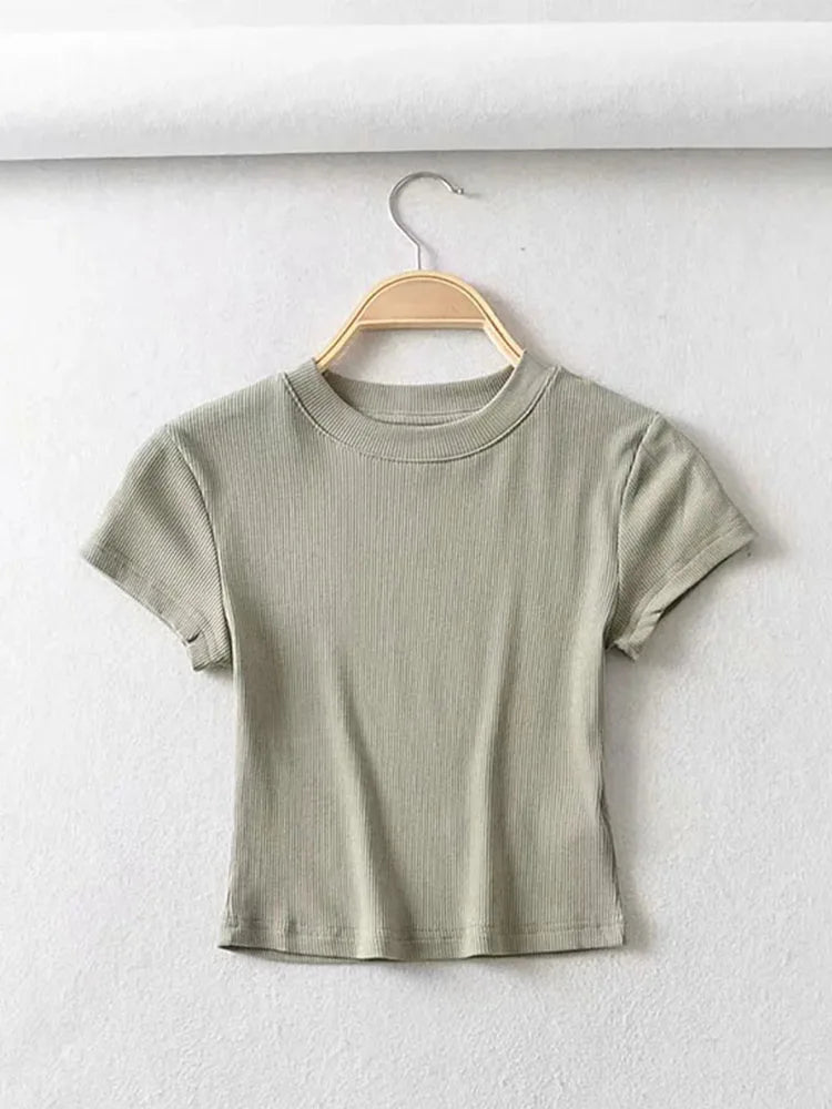 Summer Sexy Women O-neck Short-sleeve T-shirt Slim Elastic Skinny Crop Tops green