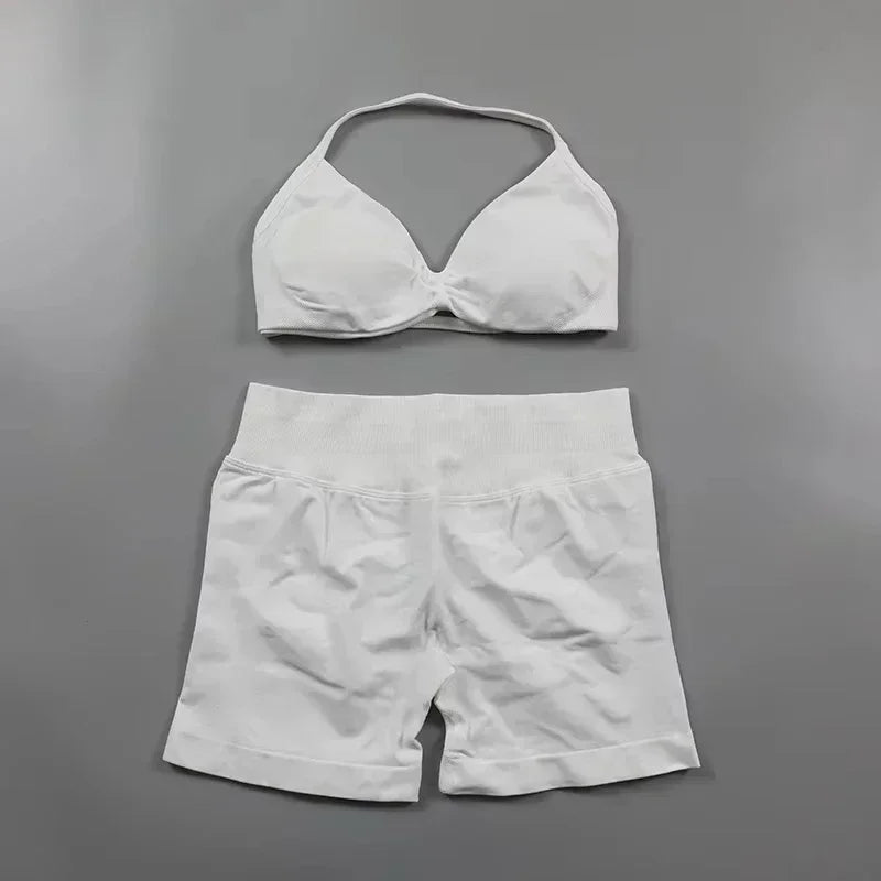 WHENG Gym Set 2 Piece Women Strappy Yoga Bra Top Workout Scrunch Shorts Sports Suit Fitness Clothes Seamless Yoga Set Badiee Stylez
