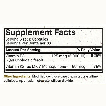 Vitamin K2 + D3 Supplement - Promotes Calcium Absorption, Helps Promote Bone, Teeth, Joints, Heart Immune Health