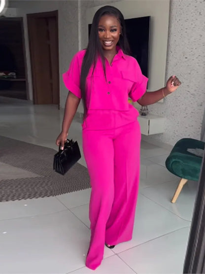 Women's Two-piece Set Spring Summer New Style Lapel Short-sleeved Shirt High Waist Wide Leg Trousers Casual Suit Women Clothing Pink