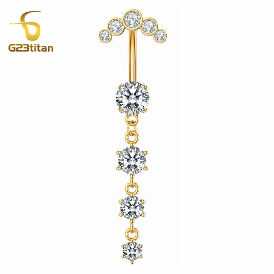 G23titan Long Zircon Pendant Dangle Belly Button Ring Surgical Titanium Navel Piercing Curved Barbell Anti allergic Body Jewelry Badiee Stylez