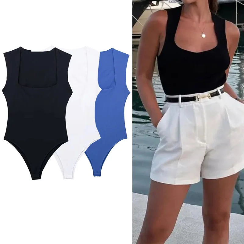 MUJER 2025 Black Woman Body Square Neck Sleeveless Bodysuit Women Blue White Sexy Tight Bodysuit Lingerie Bodycon Summer Tops