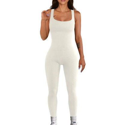Women Workout Seamless Jumpsuit Yoga Ribbed Bodycon One Piece Square Neck Leggings Romper Badiee Stylez