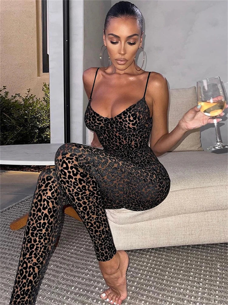 JuSaHy Leopard Print Flocking Jumpsuit for Women Fashion Sleeveless Backless Body-Shaping Casual High Streetwear Female Outfits Brown CHINA