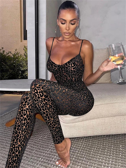 JuSaHy Leopard Print Flocking Jumpsuit for Women Fashion Sleeveless Backless Body-Shaping Casual High Streetwear Female Outfits Brown CHINA