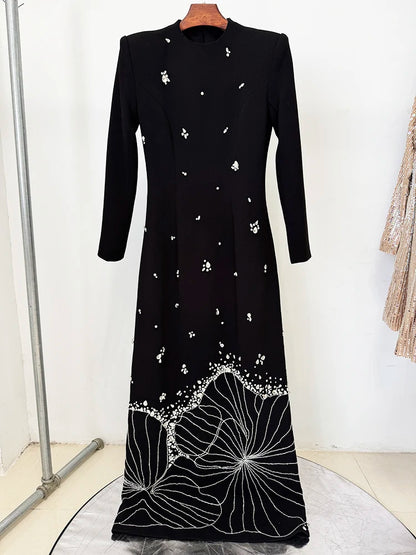 HIGH STREET Newest 2025 Designer Vestido Women's Long Sleeve Luxurious Crystal Diamonds Beaded Long Maxi Dress Badiee Stylez