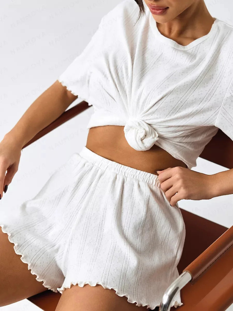 SURI Women's Pajamas Set Summer Short Sleepwear 2 Piece Set For Women Casual Home Round Neck Suit Breathable Knitted Fabric