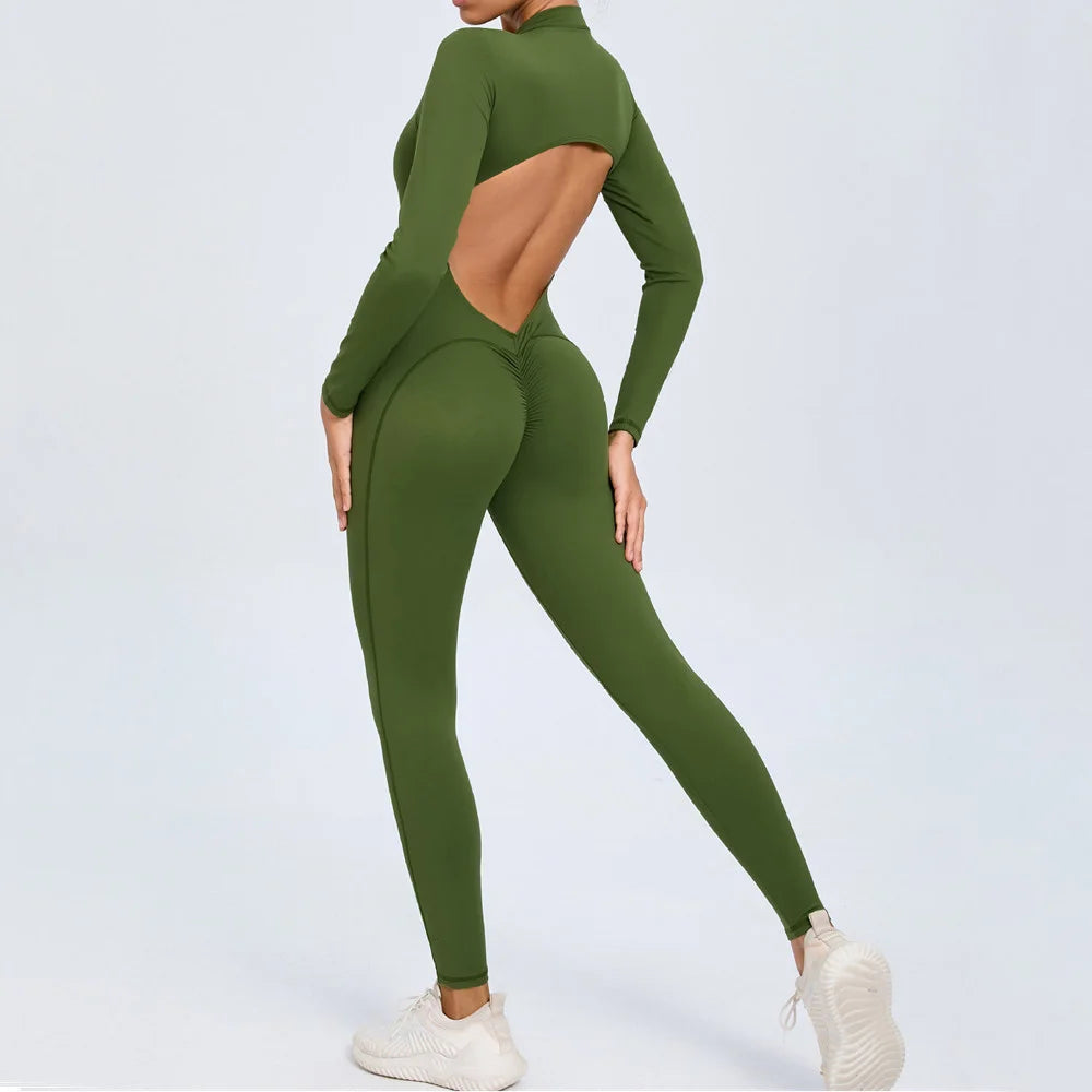 2025 Pad Zipper Long Sleeve Yoga Set Women One Piece Jumpsuit Gym Workout Shorts Fitness Bodysuit Sports Athletic Suit XP358 Badiee Stylez