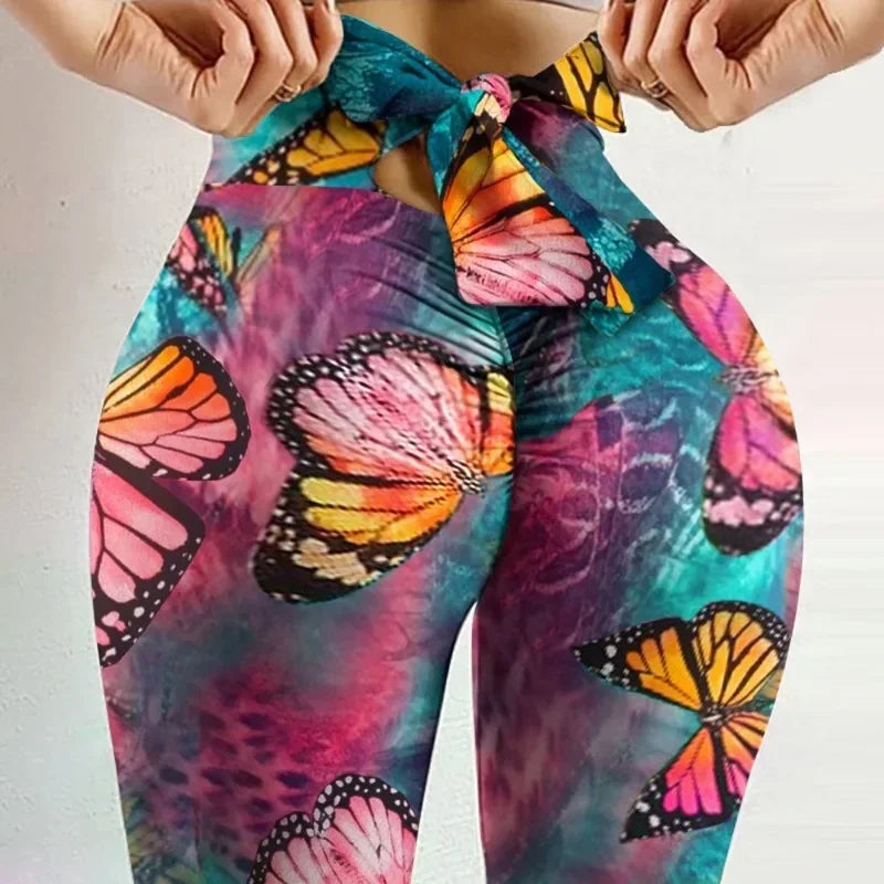 High Waist Sexy Butterfly Printed Leggings Bowknot Yoga Pants Bow Bandage Tights Women Butt Lift Exercise Fitness Yoga Legging red