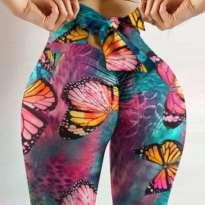 High Waist Sexy Butterfly Printed Leggings Bowknot Yoga Pants Bow Bandage Tights Women Butt Lift Exercise Fitness Yoga Legging red