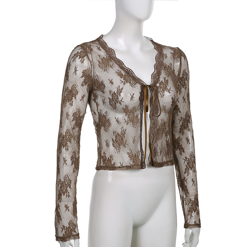 Women Sexy See Through Cardigans Y2K Long Sleeve Lace Mesh Lace Vintage Lace Tie Up Floral Crop Tops Streetwear Cardigans