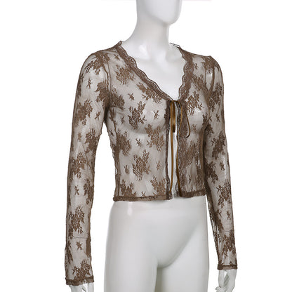 Women Sexy See Through Cardigans Y2K Long Sleeve Lace Mesh Lace Vintage Lace Tie Up Floral Crop Tops Streetwear Cardigans