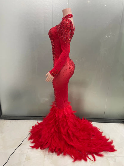 Luxury Sparkling Red Crystals Feathers Mermaid Long Sleeve Maxi Dress Women Formal Occasions Wedding Celebrate Party Prom Gown Badiee Stylez