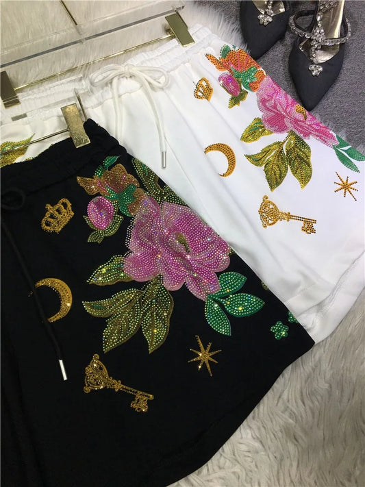 Oversized rhinestone diamond high-waisted black adjustable waist wide leg slacks Women's shorts