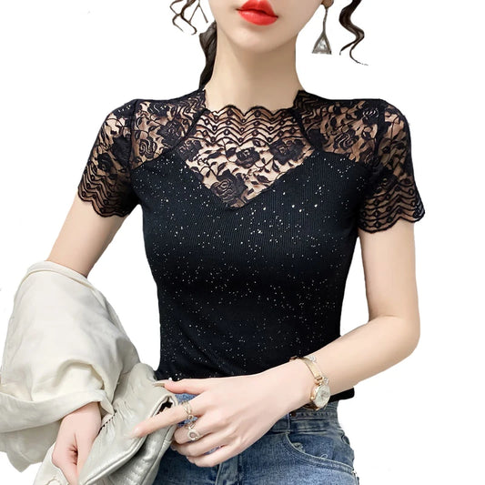 Summer Women Tops Patchwork Bright silk Mesh T shirt Pathcwork Short Sleeve Lace Shirt