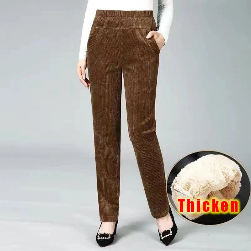 Autumn Winter Plush Thick Thin Elegant Women's Pants High Waist Fleece Pencil Pants Women Corduroy Leggings Office Lady Trousers Fleecing-Brown