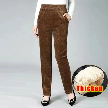 Autumn Winter Plush Thick Thin Elegant Women's Pants High Waist Fleece Pencil Pants Women Corduroy Leggings Office Lady Trousers Fleecing-Brown