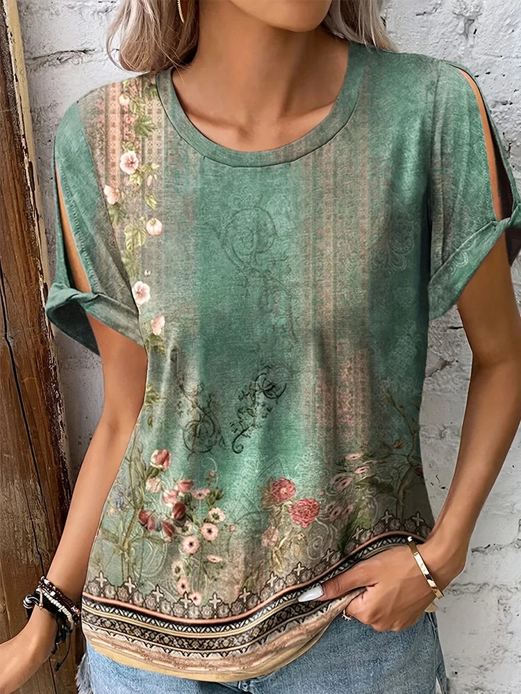 Plus Size 2024 Summer New Women's Printed Pattern Round Neck T-Shirt Short Sleeve Pullover Best for Summer Green