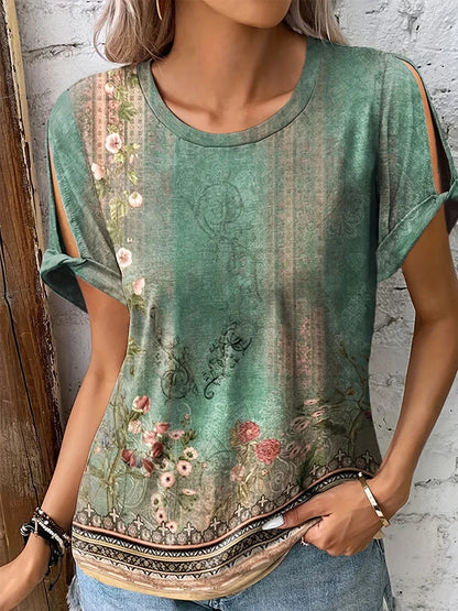 Plus Size 2024 Summer New Women's Printed Pattern Round Neck T-Shirt Short Sleeve Pullover Best for Summer Green