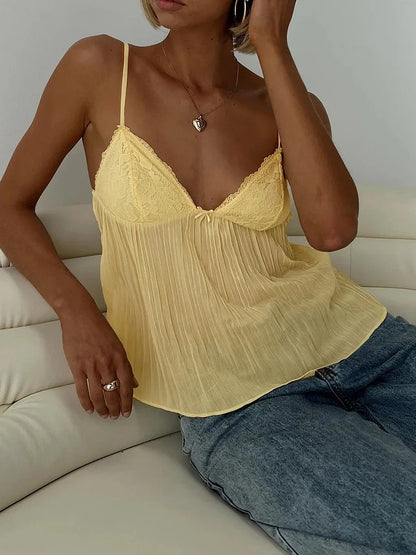 New Fashion Womens Pleated Camisole Mini Bowknot Front Spaghetti Strap V-Neck Lace Cropped Tops Club Street Style Hot Sale S-XL